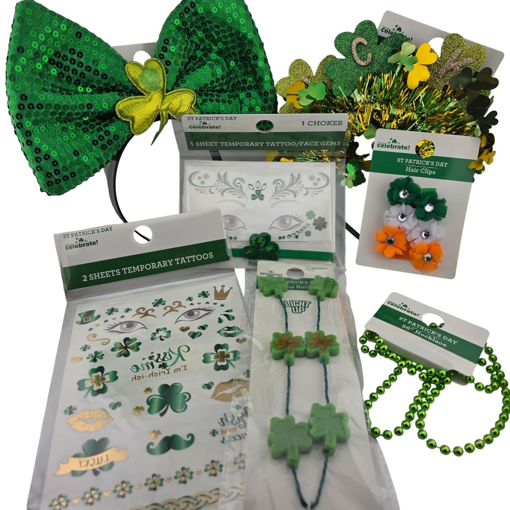 St Patrick's Day Accessory Bundle Headbands Necklaces Tattoos‎ Hair Clips